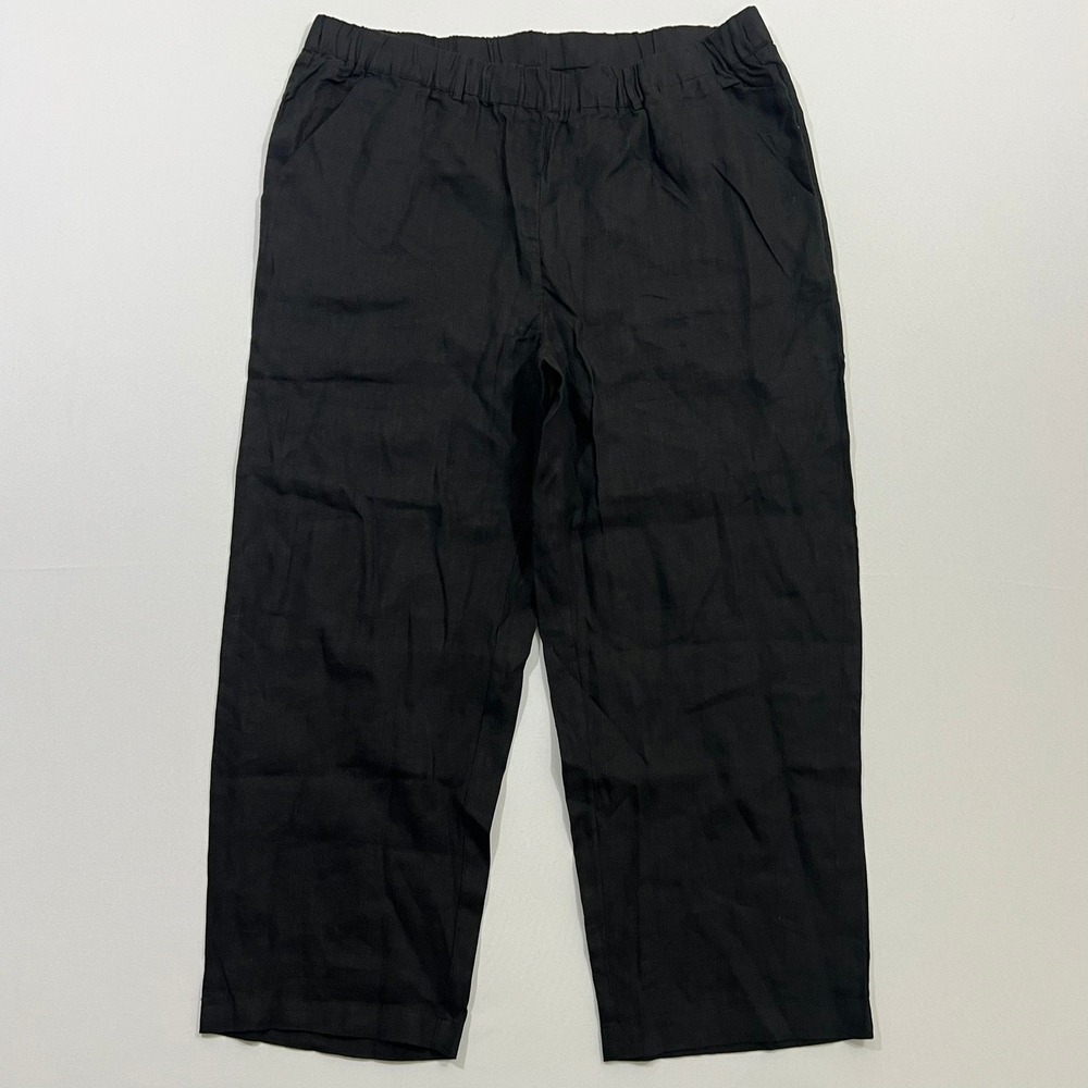 Quince European 100% Linen Pants Lagenlook Relaxed Elastic Waist Black Women XL